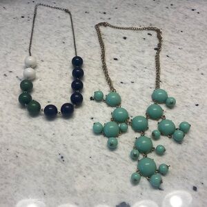 Pair of 2 fashion necklaces: navy, green and white and Gold tone Green Necklace